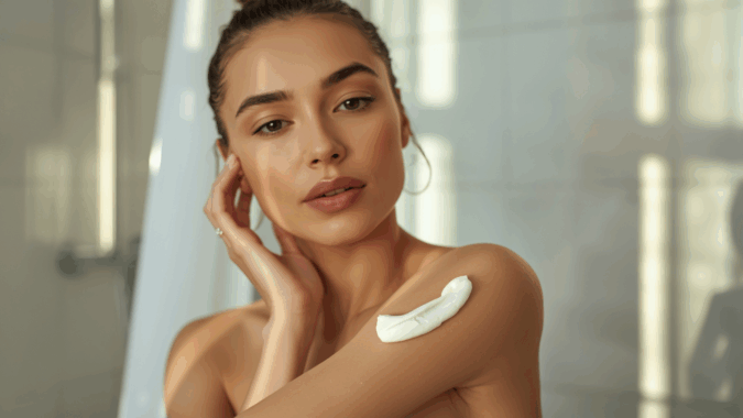 Body Lotion Bikin Kulit Halus dan Ternutrisi Seharian Wanita mengoleskan body lotion setelah mandi di kamar mandi modern bernuansa lembut