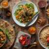 Hidangan vegetarian sehat dengan salad, tempe, tofu, quinoa, dan smoothie berwarna-warni.