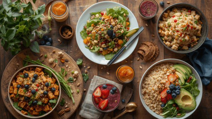 Hidangan vegetarian sehat dengan salad, tempe, tofu, quinoa, dan smoothie berwarna-warni.