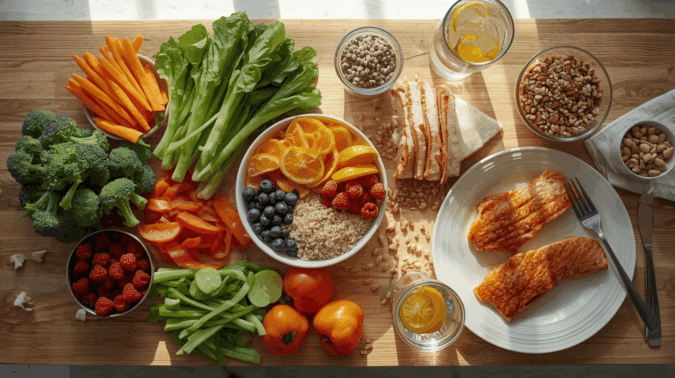 Panduan Nutrisi Seimbang Harian untuk Hidup Lebih Optimal Gambar makanan lengkap bergizi dengan sayur, buah, protein, dan biji-bijian di meja dapur.