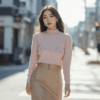 wanita memakai outfit korean look pastel di jalan kota