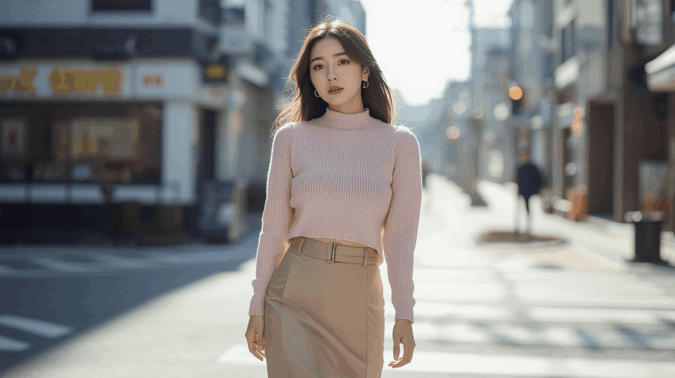 wanita memakai outfit korean look pastel di jalan kota
