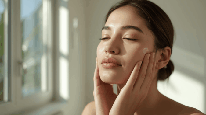 Perawatan wajah harian wanita Indonesia di pagi hari dengan suasana alami