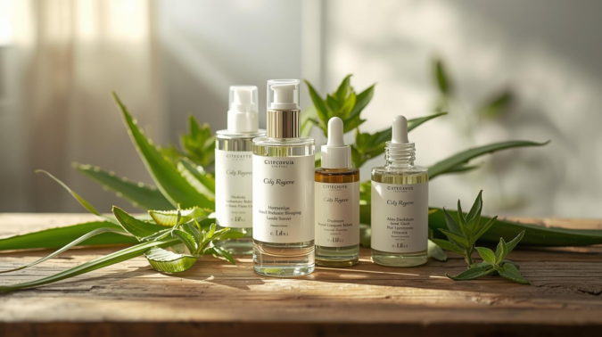 Skincare Berbahan Alami yang Aman dan Nyaman untuk Kulit Produk skincare berbahan alami dengan botol kaca dan daun hijau di atas meja kayu.