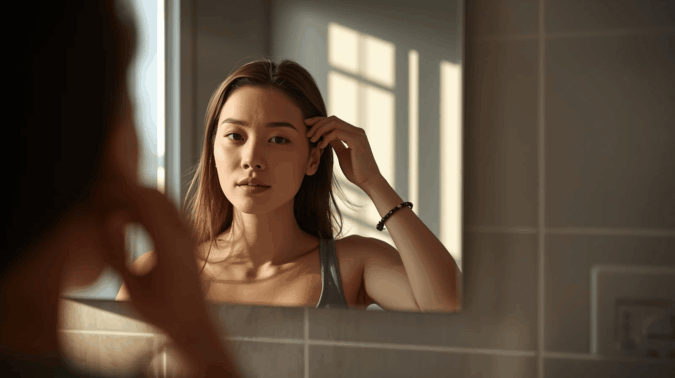 Perawatan Rambut Rontok yang Lagi Banyak Dicari Bulan Ini Wanita Indonesia memeriksa rambut rontok di depan cermin